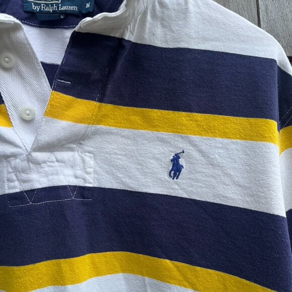 Vintage Polo Ralph Lauren Striped Rugby Shirt 90s Blue Yellow White Sz M - Picture 2 of 14
